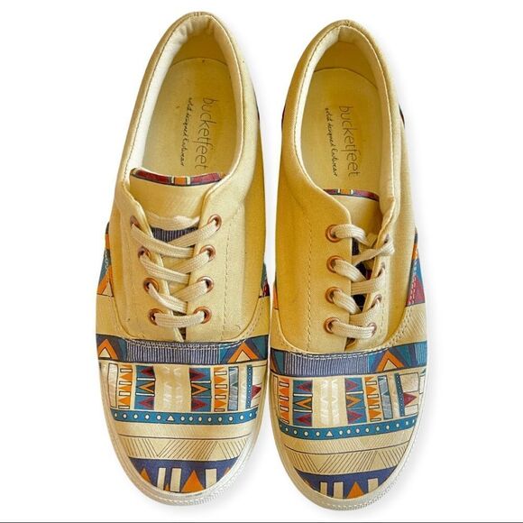 Bucket Feet Art Sneakers  Cream with Southwest Pattern Blue Mustard Size 8 - Picture 2 of 7